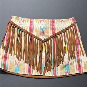 Judy March Fringed Aztec-Print Mini Skirt in Multicolor